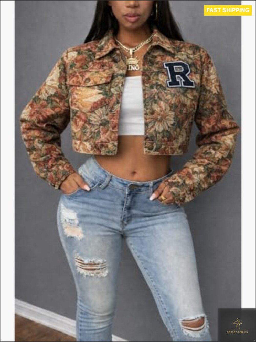 Cropped Jacquard Jacket Textured Floral Collared Button Up Lightweight with - Picture 2 of 7